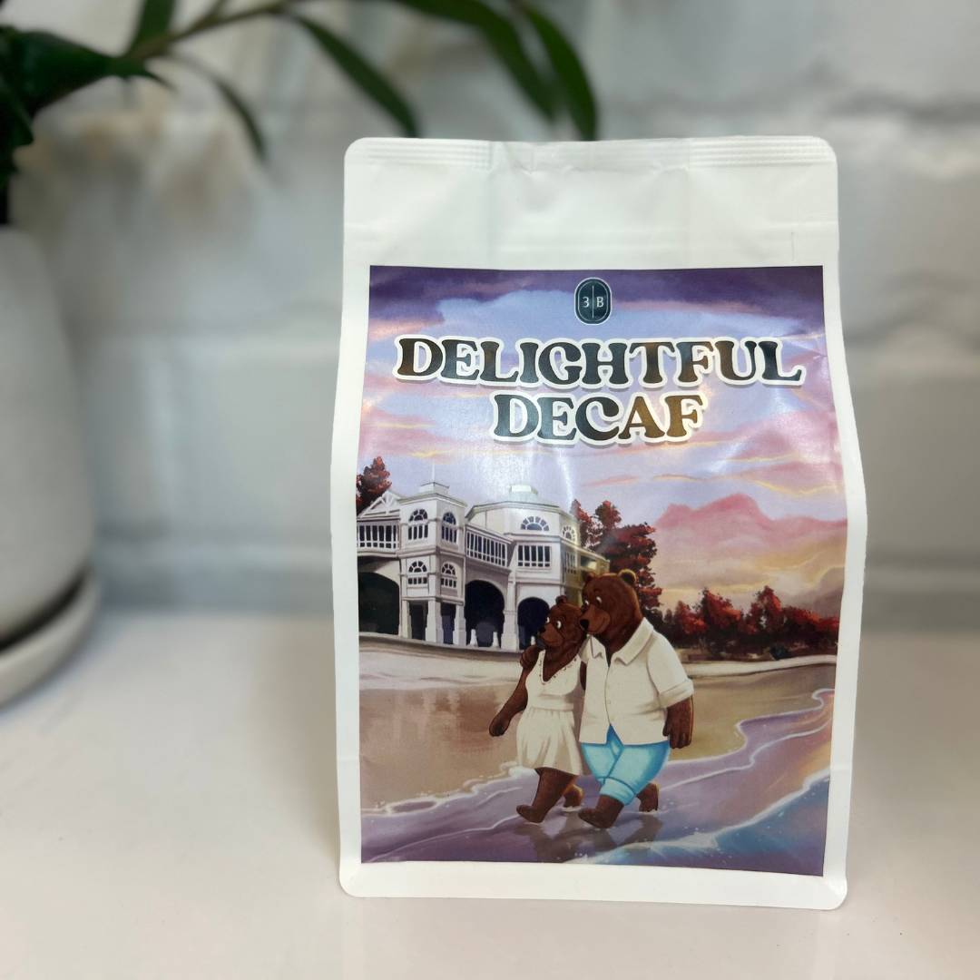 Bag of Nicaraguan decaf coffee beans described as rich, chocolatey and silky smooth, perfect for evening drinking without caffeine.